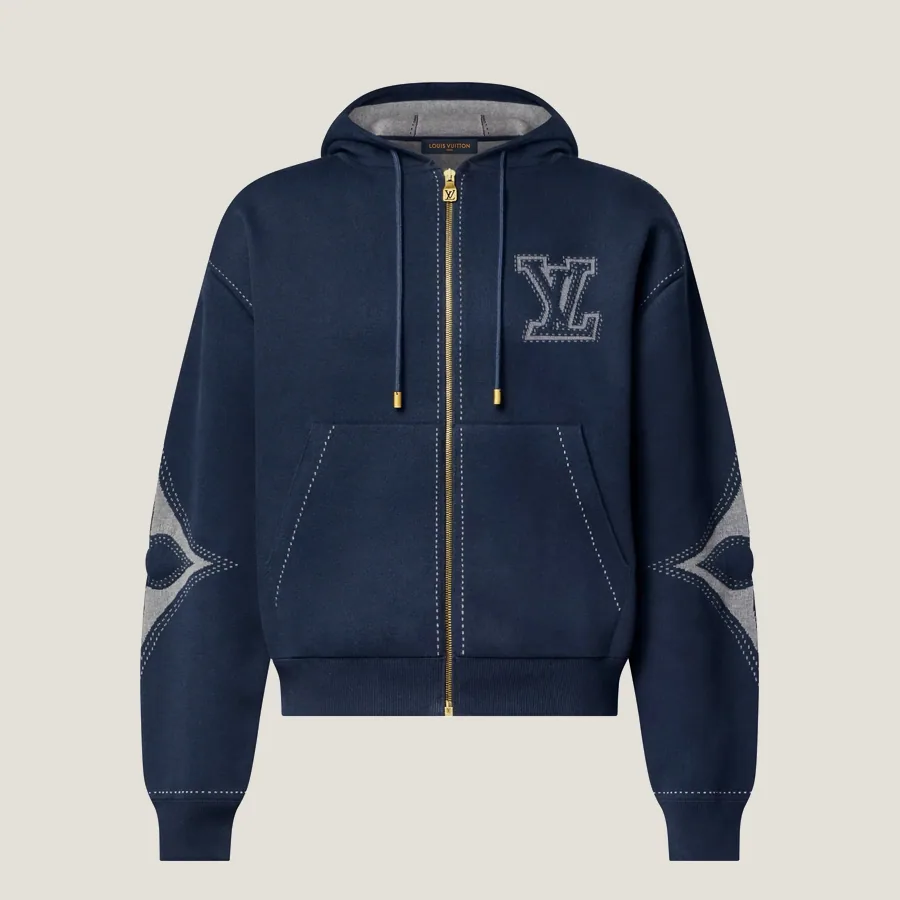 Sweat zippé à capuche à motif intarsia en coton