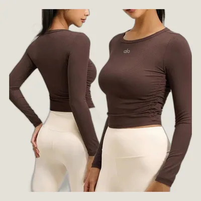 Ensemble Legging Taille Haute & Top Côtelé ALO – Marron & Beige
