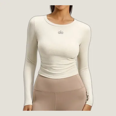 Ensemble Legging Taille Haute & Top Côtelé ALO – Beige & Taupe