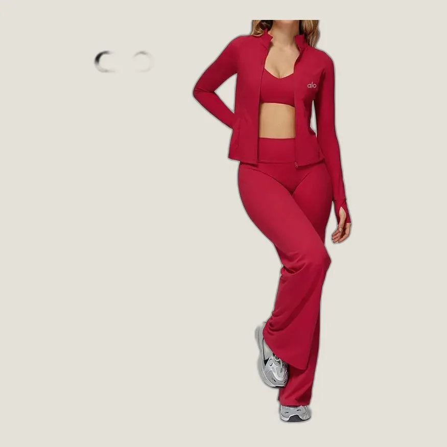 Ensemble Sport Femme 3 Pièces ALO – Legging Taille Haute Évasé, Brassière & Veste – Rouge